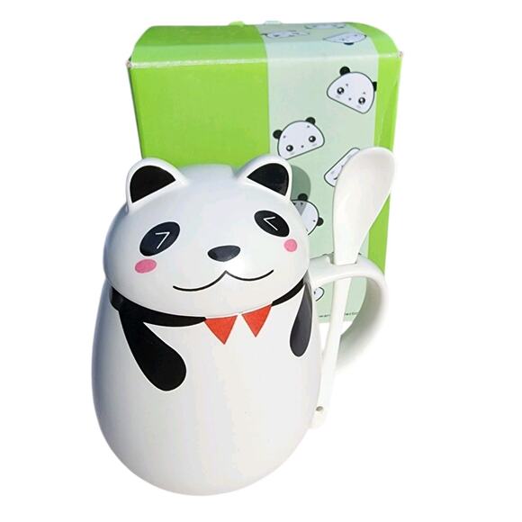 NEW Panda Tea Cup with Spoon and Lid Kawaii Japan Figural Coffee Mug - Picture 1 of 10